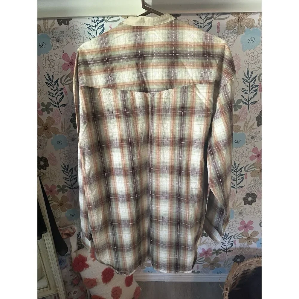 Roper Mens XL Plaid Band Collar Western Shirt Brown Tan Long‎ Sleeve Cotton